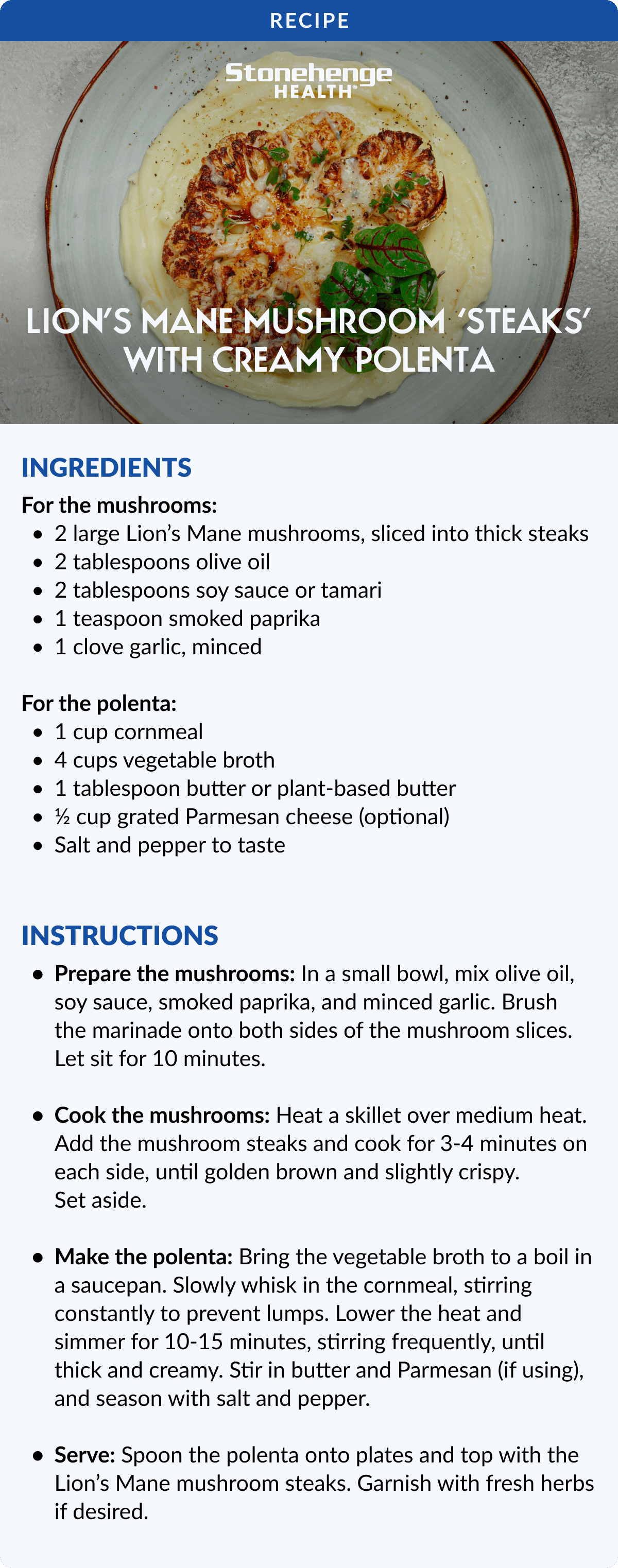 Lion's Mane Mushroom 'Steaks' With Creamy Polenta